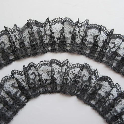 Black 10 Yard Pleated Net Lace Edge Gathered Mesh Trim Ribbon 1-2/5 inch Vintage Style Black Edging Trimmings Fabric Embroidered Applique Sewing Craft Wedding Bridal Dress Cake Card DIY Decoration
