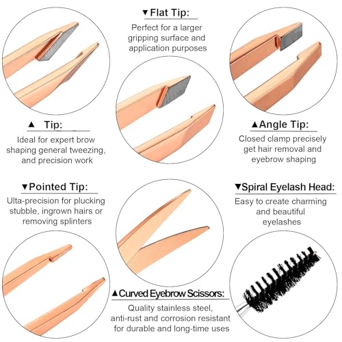 Honoson 6 Pcs Eyebrow Tweezers Set for Women Precision Tweezer for Eyebrows with Curved Scissors Eyelash Brush Girls Facial Hair Plucking Daily Beauty Tools with Leather Storage Case(Cute Color) - color: Cute Color