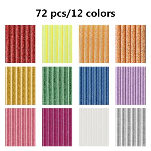 Colored Hot Glue Sticks Mini, 3.93 x 0.27 in Glitter Glue Stick, EVA Adhesive Colorful Hot Melt Glue Sticks for DIY Art Craft, Sealing, General Repairs and Gluing Projects, 72 PCS, 12 Colors - color: Glitter Color, size: 0.27x4 inch/72 Pack