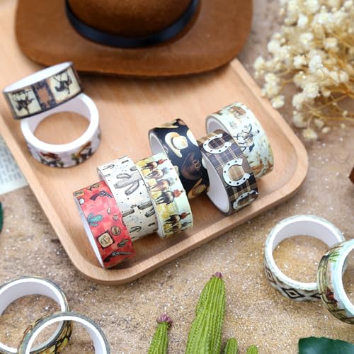12 Rolls Washi Tape Set, Western Cowboy Themed Decorative Tape Vintage Desert Masking Tape for Journaling Supplies, Junk Journal, Scrapbooking, DIY Arts & Crafts Supplies