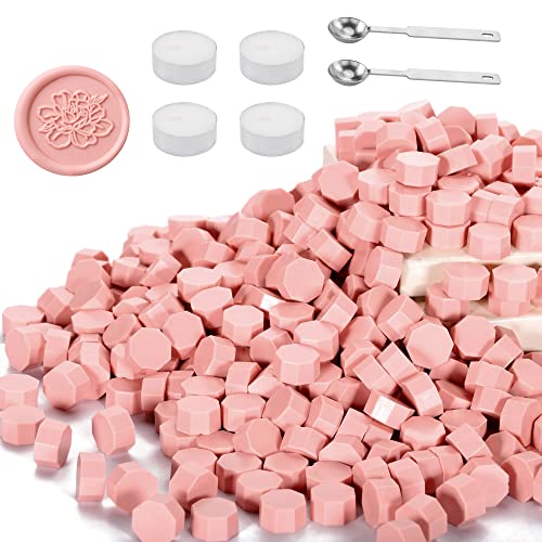 Yoption 360Pcs Dusty Pink Sealing Wax Beads, Sealing Wax Kit for Wax Seal Stamp, Hexagon Wax Seal Beads with 4Pcs Tea Candles and 2 Wax Seal Spoon - color: Dusty Pink
