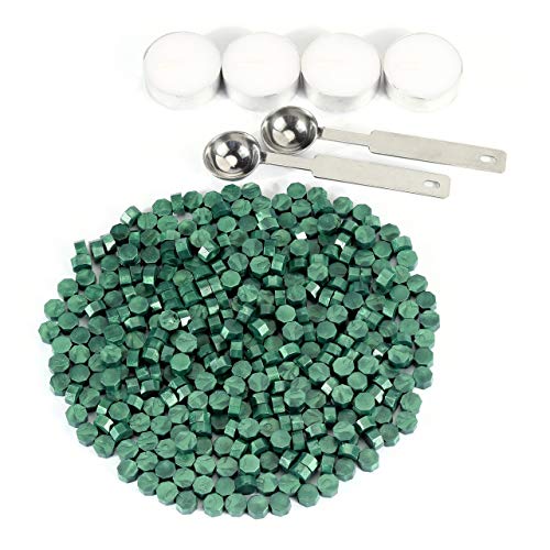 Yoption 360Pcs Metallic Green Sealing Wax Beads, Hexagon Wax Seal Beads with 4Pcs Tea Candles and 2 Melting Spoons for Wedding Invitations, Wine Packaging, Gift Wrap, Envelopes - color: Metallic Green