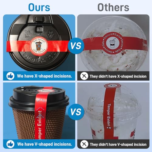 600 Pcs Safe Secure Tamper Evident Seals Stickers for Drink Lids 1"x9" | X-Cut Center Seal & V-Cut Ends, Wmiwulien To Go Drink Security Seal Labels, Red Cup Seals for Takeout Coffee Boba Tea Juice