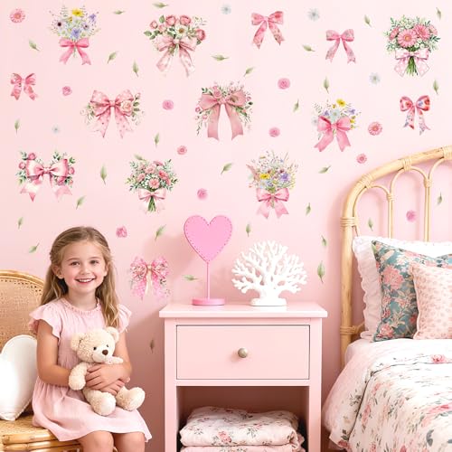 Pink Bow Wall Decor Sticker Flower Girls Bedroom Wall Decals Peel and Stick | Watercolor coquette art mural, removable floral leaves vinyl Decals, for girls women room baby room nursery bows party decor - color: Bow Flower