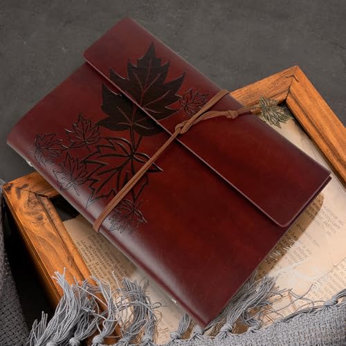 Journal Notebook for Women Men, Brown Leather Sketchbook Classic Spiral Bound Notebook with Unlined Kraft Paper Refillable Diary Travel Journals for Writing Ideal Gifts(Leaves,A5/DarkBrown) - color: ReddishBrown