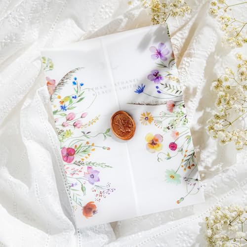 50 Pack Pre-Folded Vellum Jackets for 5x7 Invitations,AZAZA Pretty Translucent Invitation Sleeves,115GSM Vellum Jackets 5x7, Wedding Invitation Accessories,for Weddings Birthdays,Wildflowers - color: 50Pack--Colorful Wildflowers No.2