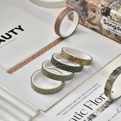 20 Rolls Skinny Vintage Washi Tape Set Retro Arts Adhesive Tapes Basic Patterns Decorative Masking Tape Sets for Craft, Kids, Scrapbook, DIY, Gift Wrapping (Elegance in Time) - color: Elegance in Time
