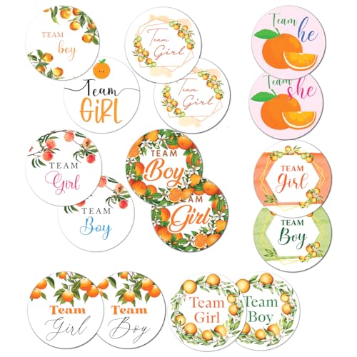 Pack 90 Pcs Cute Orange Baby Shower Team Boy Team Girl Stickers for Party Favors Gender Reveal Thank You Labels Funny Aesthetic Sticker Round Waterproof Removable Vinyl Decals - color: Gender Reveal A27