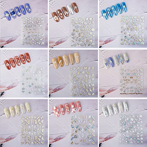 20 Sheet 5D Embossed Nail Art Stickers,Luxury Gold Silver Nail Decals Self-Adhesive Metallic Leaves Flower Butterfly French Nail Stripe Line Stickers for Women Salon Home DIY Nail Supplies - color: 20 Sheets Gold Silver Nail Stickers