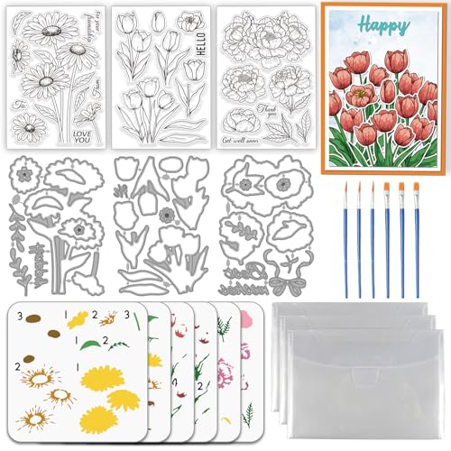 3 Sets Flower Clear Stamps and Cut Dies Set Peony Daisy Tulip - style: Flower