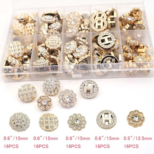 80PCS Plastic Embellishment Buttons with Rhinestones Set for Coat，Suits，Knitting Sweaters, Sewing Crafting, Replacement, Handmade Crafts stored in a Plastic Box（5 Styles Mixed）