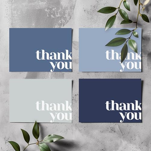 Paper Play Thank You Cards Bulk Pack of 40 Blue, 5x3.5 Inches with Matching Stickers & Envelopes, Minimalistic Design Suitable for Business, Baby Shower, Wedding, Small Business, Graduation, Funeral - color: Blue