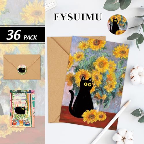 FYSUIMU 36 Pack Black Cat Painting Greeting Card Floral Animal Blank Note Card With Envelope Matching Seal Sticker for Spring Party Favor Supplies, 4 x 6 Inch - style: Cat