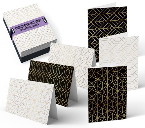 Better Office Products 50 Pack All Occasion Greeting Cards Box Set, 4 x 6 inch, 50 Assorted Blank Note Cards & 50 Envelopes, 6 Elegant Gold Foil Geometric Designs, Blank Inside