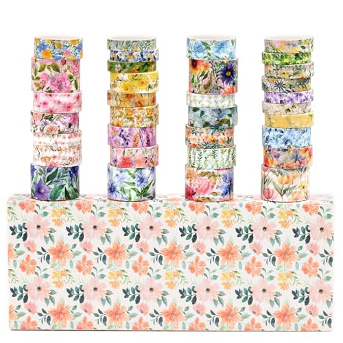 Floral Washi Tape Set 32 Rolls Vintage Flower Patterns Decorative Wide Blooms Masking Tapes for Arts, DIY Crafts, Journals, Planners, Scrapbook, Wrapping (Garden Courtyard) - color: Garden Courtyard