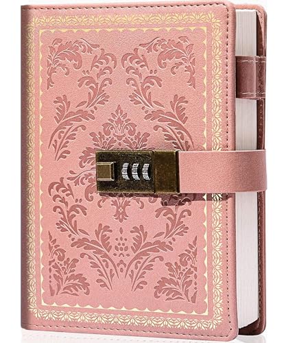Yoment Lock Diary Vintage Journal with Lock for Women Leather Diary,Pink | Refillable Personal Locking Journal for Writing,Gifts Box,Grils Kids Secret Password Notebook Journal with Pockets 5.5x7.8 - color: Pink