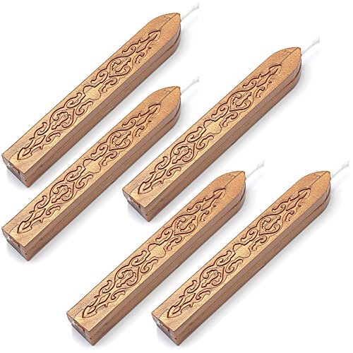 Yoption 5Pcs Dark Golden Sealing Wax Sticks with Wicks for Wax Seal Stamp | Embossed Pattern Wax Sticks for Wedding Invitation, Christmas Card, Envelope, Snail Mail, Wine Package, Gift Wrapping - color: Dark Golden
