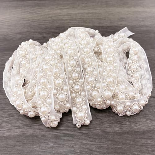 3Yards Pearl Beaded Trim Lace Ribbon Trimming Edge Embellishments for Sewing Bridal Dress Party Clothes Wedding Decoration Fabric Crafts DIY (Ivory Ribbon) - color: Ivory Ribbon
