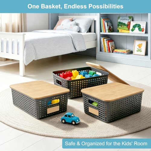 Bagnizer Small Plastic Storage Bins with Bamboo Lids 5.2qt Stackable Box Basket Pantry Decorative Containers Cute with Lable for Organizing Desktop Closet Office Gray of 6 packs 10 * 7.2 * 4.1" - color: Gray, size: Small- 6 Pack