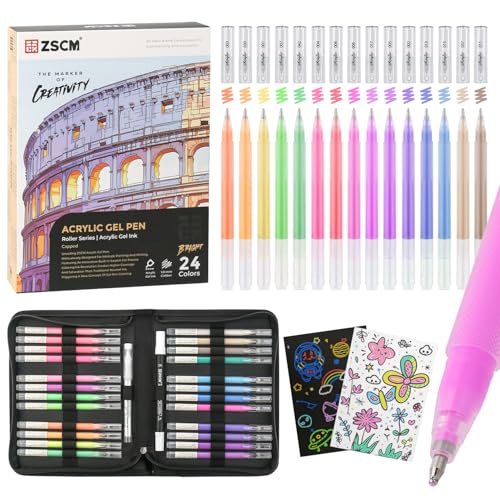 ZSCM 24 Colors 3D Acrylic Gel Pens & Black Paper Sketchbook for Drawing - color: 24 Packs-Bright