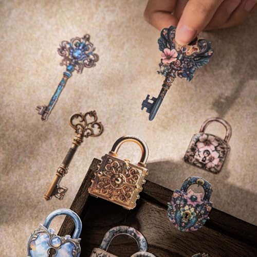 120 Pcs Vintage Skeleton Key & Lock Ephemera, Steampunk Frames | Die-Cut Cardstock Frames, Ornate Victorian Journaling Decals for Scrapbooking, Junk Journals, Art Collage, DIY Crafts - color: The Lost Key