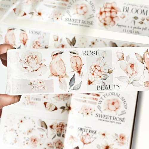 WT Pre-Cut Sweet Rosé Wide Washi Tape, Single Roll, Original Designs, Dreamy Rose Motifs & Subtle Handwritten Accents, Decorative Japanese Paper Tape for Journaling, Scrapbooking, Planner, DIY Crafts - color: WT Pre-Cut Sweet Rosé Wide Washi Tape