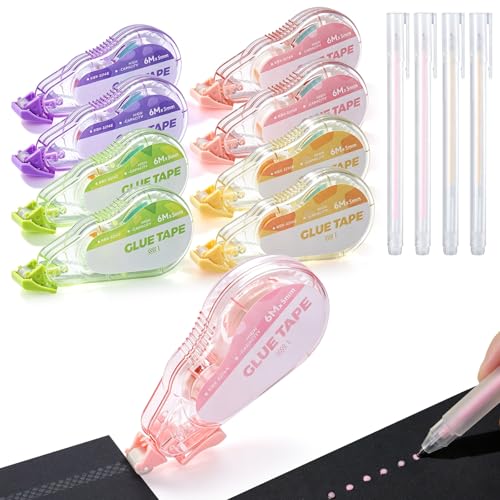 Scrapbook Tape Set, 8 Pack Double Sided Tape Roller with 4 Pack Quick Drying Color Spot Glue Pen Adhesive Glue Runner for Scrapbooking Journal Supplies, Glue Roller for School Office Teacher (12)