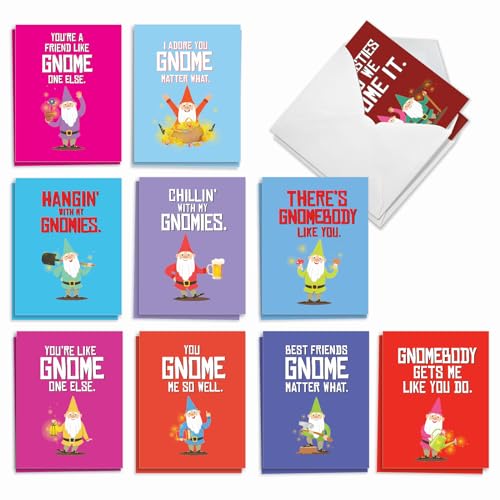 The Best Card Company - 20 All Occasion Note Cards (4 x 5.12 Inch) - Blank Boxed Set (10 Designs, 2 Each) - Friendly Garden Gnomes AM6441OCB-B2x10-NB - style: Friendly Garden Gnomes