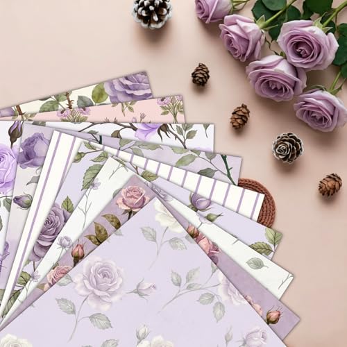 24 Sheets 11.8 x 11.8 Inch Lavender Rose Scrapbook Paper, Double Sided Decorative Craft Paper for Junk Journals, DIY Card Making, Photo Album, Gift Wrapping & Invitations - color: Purple Rose