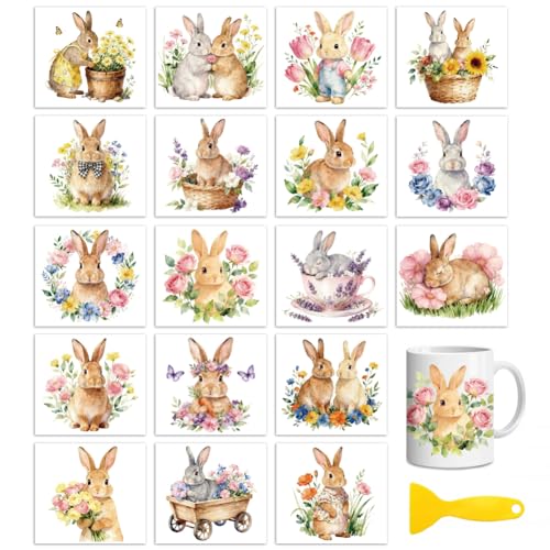 Peacoblue Rabbit with Flowers Rub On Transfers for Craft, Transfer Sticker | 18 Sheets UV DTF Transfers, Waterproof Rub On Decals for Wood, Glass, Furniture, Tumblers & Home Decor Crafts - style: Rabbit with Flowers