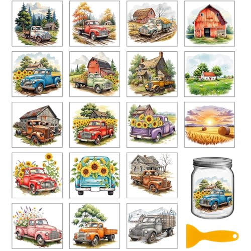 GLOBLELAND 18 Sheets Vintage Farm Truck Rub on Transfers Sticker for Vase 3.9x3.6inch Autumn Farm Barn UV DTF Cup Wraps Decals Sunflower Transfer Stickers for Furniture Glass Bottle Decors - style: Farm Truck
