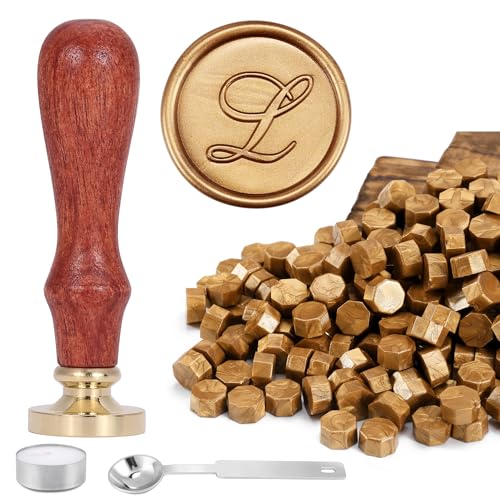Yoption Handwriting Letter L Wax Seal Stamp Kit with Antique Gold Wax Beads - color: L