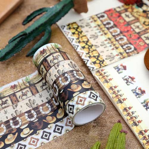12 Rolls Washi Tape Set, Western Cowboy Themed Decorative Tape Vintage Desert Masking Tape for Journaling Supplies, Junk Journal, Scrapbooking, DIY Arts & Crafts Supplies