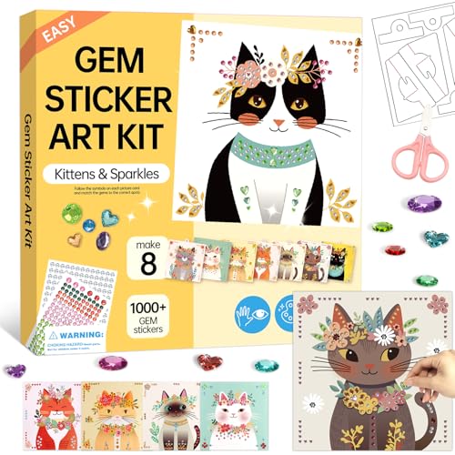 Marlrin Cat Diamond Art Kit for Kids Ages 4-8, Gem Sticker Kit for Girls | 8 Pack DIY Kitten Sticker Art Kit, 1000+ Gem Stickers, Cat-Themed Craft with Display Stand, Birthday Gift for Girls 3-8 - color: Yellow-Cat