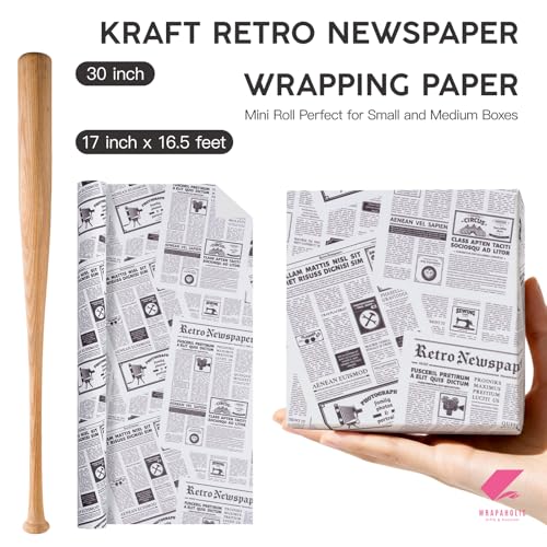 WRAPAHOLIC Kraft Retro Newspaper Wrapping Paper Roll - Mini Roll - 17 Inch x 16.5 Feet - Vintage Black and White Newspaper Wrapping Paper for Birthday, Wedding, Anniversary, Bridal Shower - color: Kraft Newspaper - Old