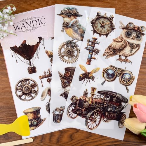 WANDIC 3 Sheets Rub On Transfer Stickers Retro Steam Punk Style Waterproof Decals Furniture Craft Decorative for DIY Scrapbooking Photo Albums,15 * 30cm