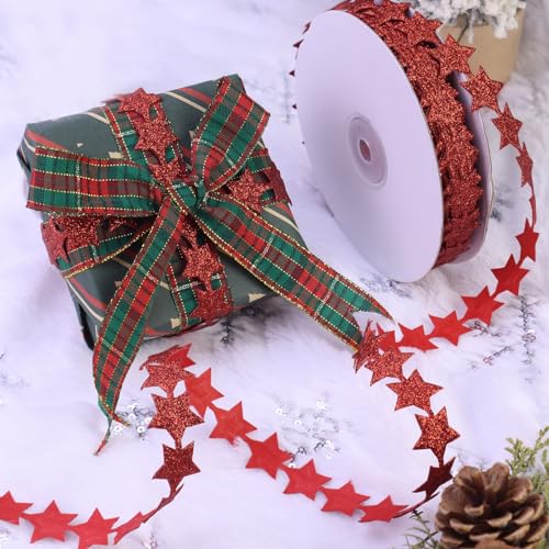 Glitter Star Ribbon Red Sparkly Star Ribbon Trim for Crafts Gift Wrapping Wreath DIY 1 Roll 20 Yards 0.8 Inch - color: Red