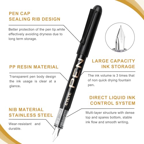 EYEYE Disposable Fountain Pens Fine Nib, 5 Black 5 Blue Fountain Pens for Writing, Stainless Steel Nib, Smooth Writing for Calligraphy, Journaling, Drafting, Office & School Supplies - color: Black+Blue