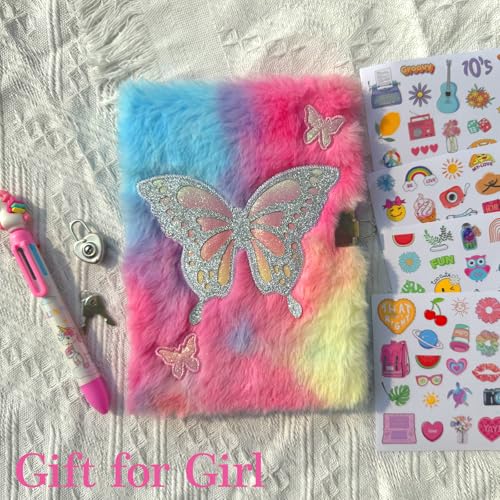 Diary for Girls with Lock and Keys, Journal School Travel Notebook Gift Set for Writing and Drawing,Multicolored Pen, Stickers, Birthday Gift for Girls (pink-butterfly) - color: pink-butterfly