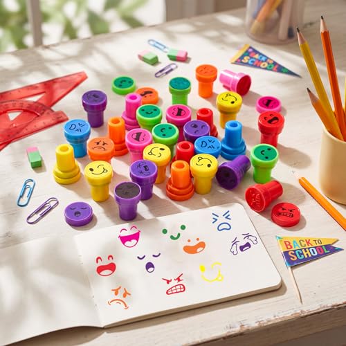 Yexiya 100 Pcs Face Ink Stampers Bulk Back to School Teacher Review Stamps - style: Face Ink Stampers