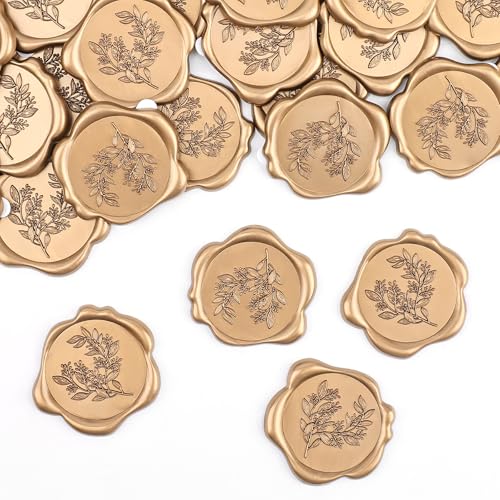 LEBENGURU 50 Pcs Wax Seal Stickers - Eucalyptus Wedding Invitation Envelope Seal Stickers, Self- Adhesive Metallic Light Gold Wax Stamp Stickers, Perfect for Party Birthday, Christmas, Gift Wrapping - color: Eucalyptus Antique Gold