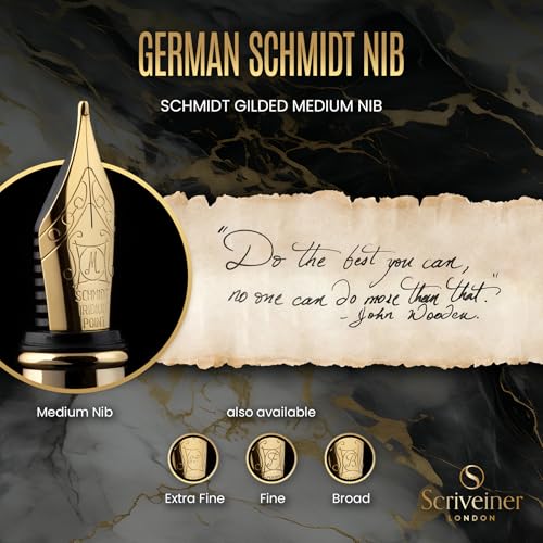 Scriveiner Luxury Fountain Pen - Stunning Black Lacquer Pen, Real Gold Finish, Schmidt Gilded Nib (Medium), Converter, Best Pen Gift Set for Men & Women, Professional, Executive, Office, Nice Pens - color: 1. Black with Gold, style: Medium Nib