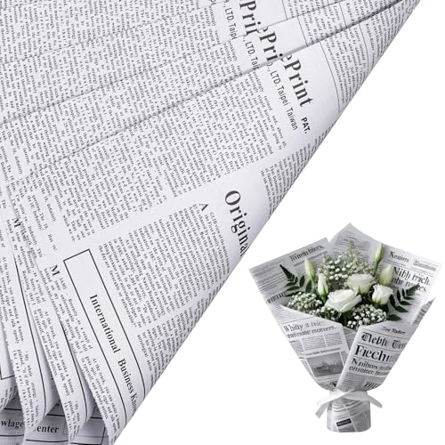 WRAPAHOLIC 20 Sheets Kraft Newspaper Flower Wrapping Paper - 19.6 x 27.5 inch White Font Vintage Newsprint Design Reversible Floral Bouquet Wrapping Paper for Florist Supply Wedding Birthday Gift DIY - color: Kraft Newspaper - White