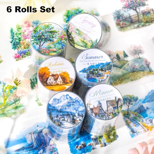 6 Rolls Four Seasons Landscape PET Tape for Scrapbook Journaling | Pre-cut cottages, mountains, forests and seasonal blossoms; transparent and water-resistant for collages and crafts - style: Four Seasons