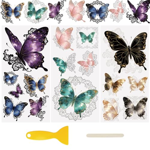 WANDIC 3 Sheets Transfer Stickers for Furniture,3D UV DTF Rub on Transfer Stickers for Craft Butterfly Lace Cup Warp Waterproof Scrapbook Decals Decorative for Cards Glass Wood DIY Crafts,15 * 30cm - color: Butterfly Lace