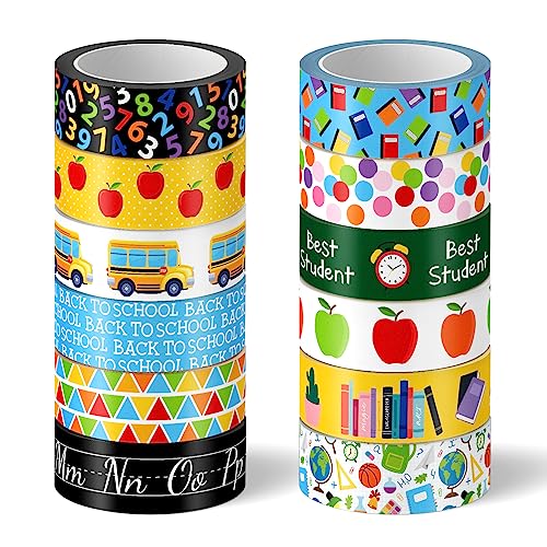 Whaline 12 Rolls Back to School Washi Tape First Day of School Colorful Washi Masking Tape Apples Book School Bus Decorative Paper Adhesive Stickers for Scrapbook Gift Wrapping DIY Art Crafts, 16.4Ft - style: Style 2
