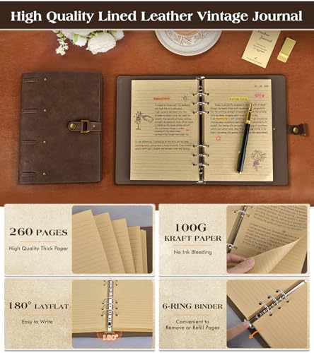 Leather Journal Notebook, A6 Size 5.3 x 7 inches 260 Lined Pages -Brown - color: Brown, size: 5.3*7inch