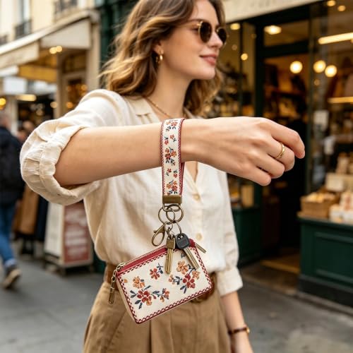 Boho Vintage Embroidered Wristlet Keychain for Women - color: Green