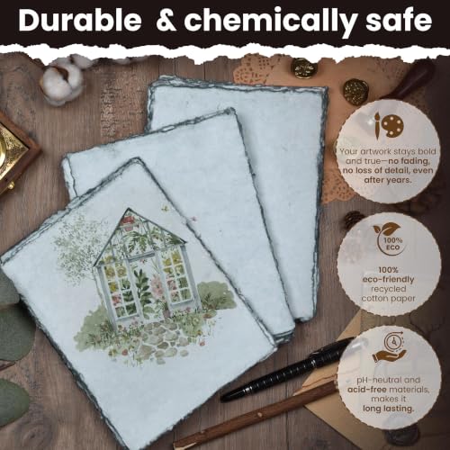 LEATHER VILLAGE Grey Deckled Edge Handmade Watercolor Paper 6x8 | 50 Sheets of 150 GSM thick cotton paper in soft grey tone for drawing, watercolor, ink, sketching and letter writing - color: Grey Toned, size: 8"X6"