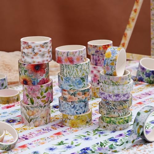 Floral Washi Tape Set 32 Rolls Vintage Flower Patterns Decorative Wide Blooms Masking Tapes for Arts, DIY Crafts, Journals, Planners, Scrapbook, Wrapping (Garden Courtyard) - color: Garden Courtyard